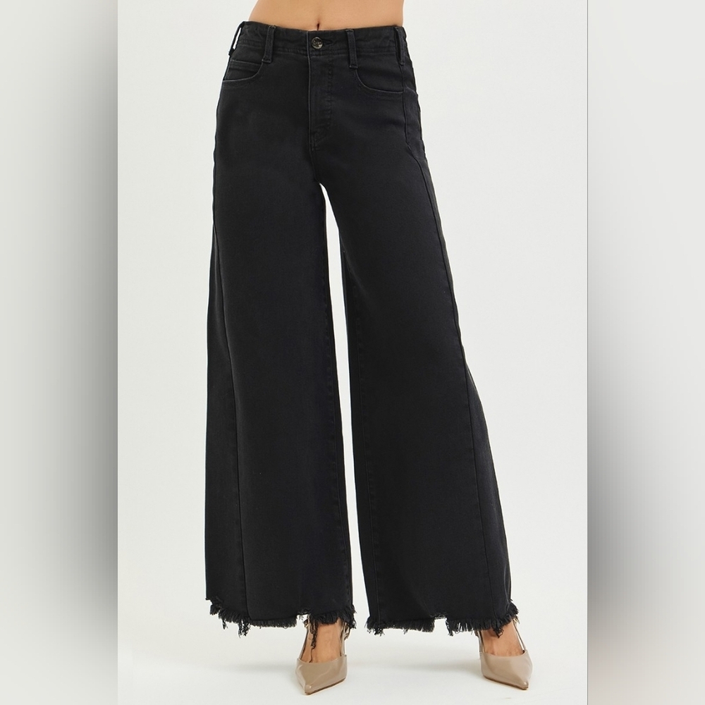 RISEN HR Tummy Control Black Palazzo Jeans Wide Leg Distressed Hems Various NEW - Picture 3 of 12